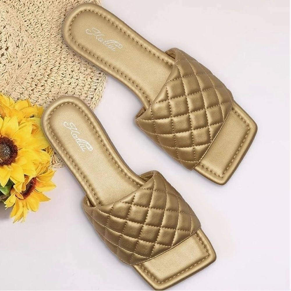 Katliu Size 40 (9-9.5) gold open toe flat sandal slip on slides woven strap